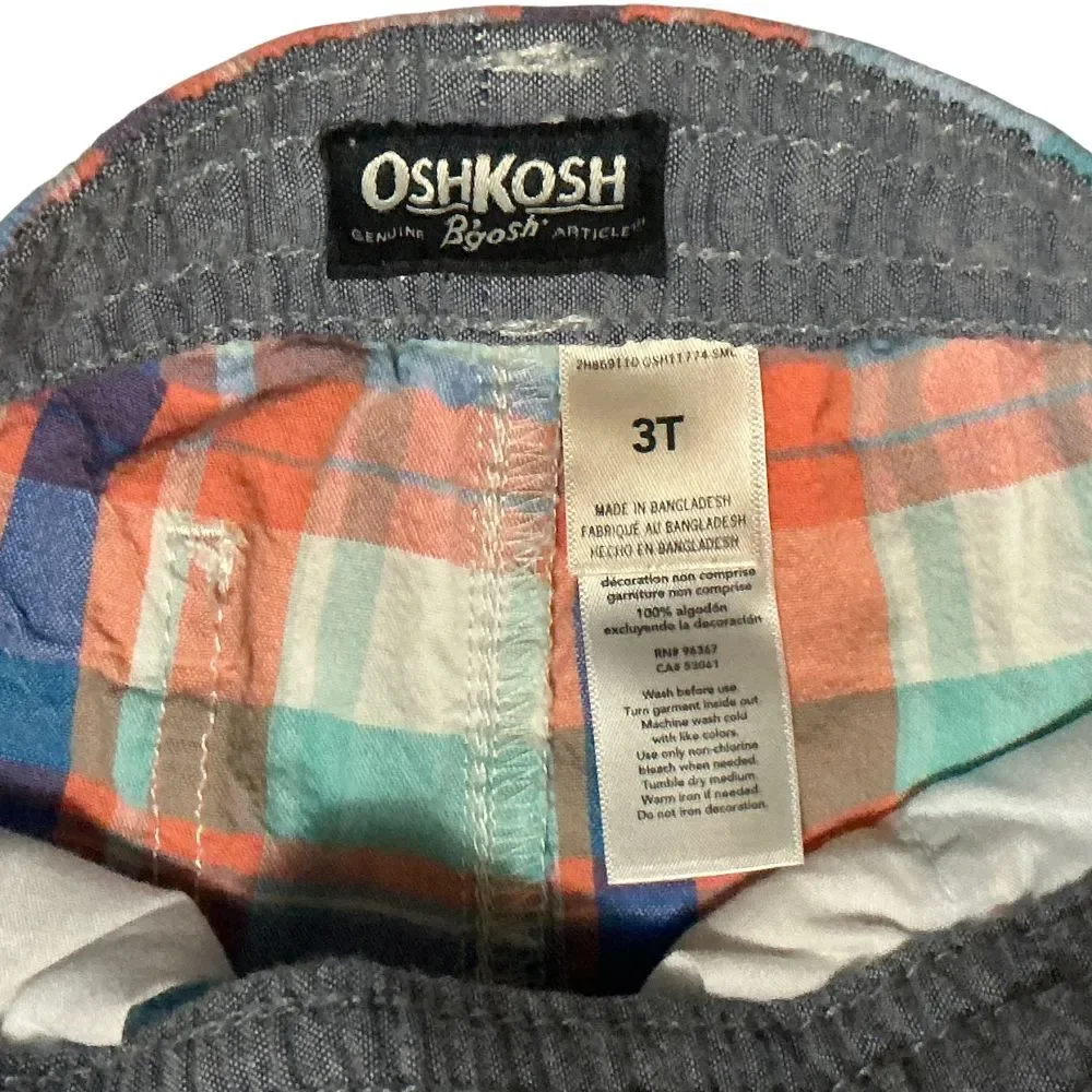 OshKosh B'Gosh Boy's Plaid Shorts Size 3T Drawstring Pockets Cotton Blue/Orange